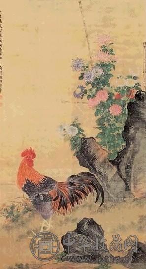 近现代 赵浩 雄鸡秋菊 轴
