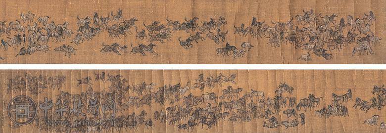 金昆 百骏图 卷 绢本