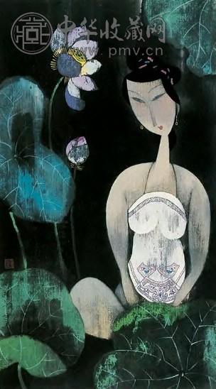 胡永凯 荷花村姑图 镜片 纸本设色