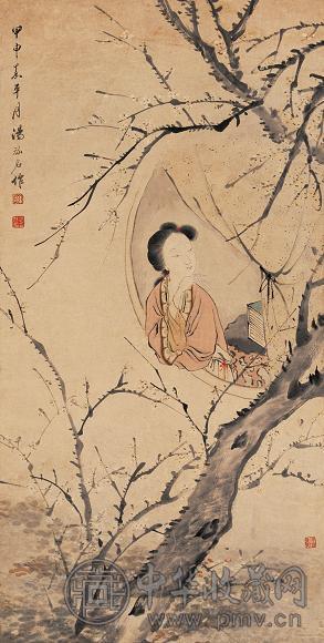 汤魁名 1824年作 仕女看梅 立轴 设色纸本