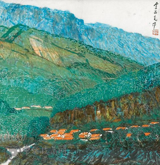 余承尧 春山红屋 镜心 设色纸本