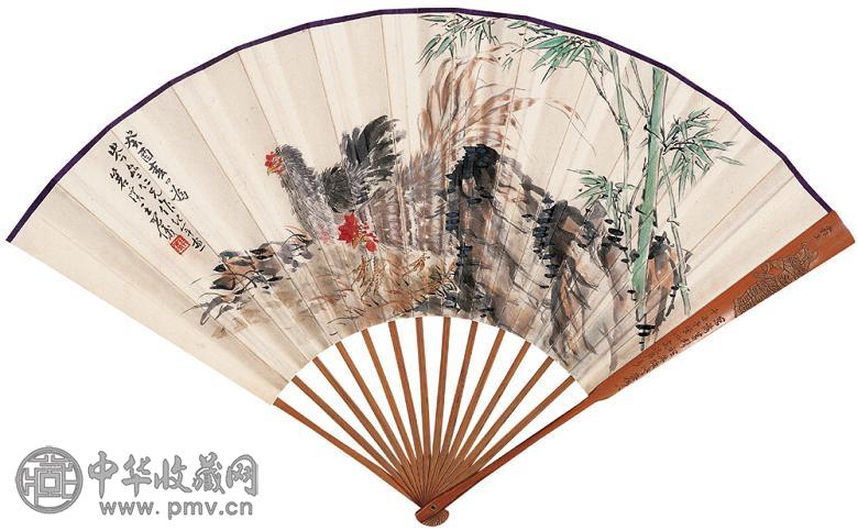 王羽仪 双鸡 成扇 设色纸本