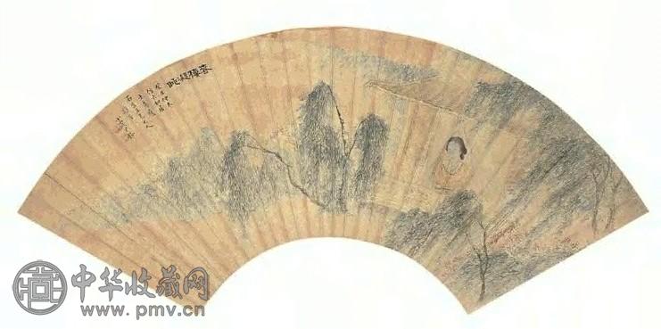 尹锡 春楼凝眺 扇面 设色金笺