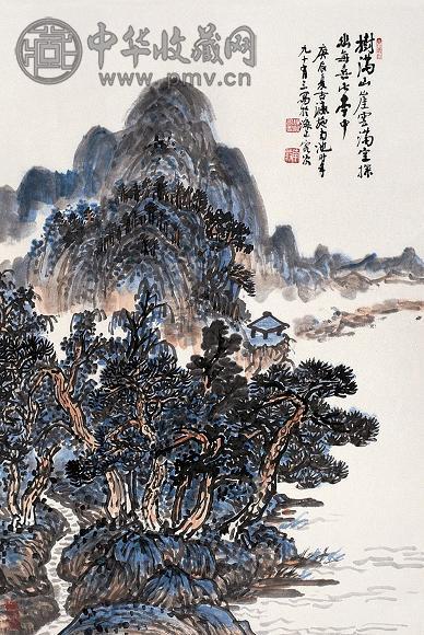 施南池 树满山崖 轴 纸本