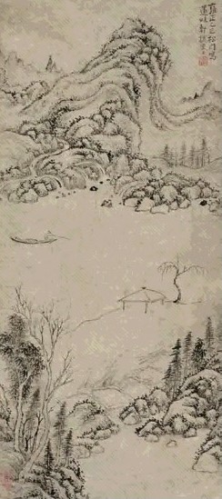 程鸣 雍正乙巳(1725年)作 秋溪独钓图 立轴 水墨纸本