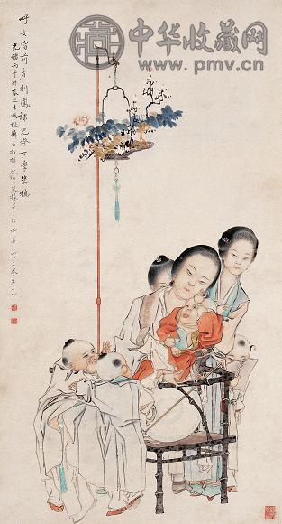 曹华 1876年作 灯下课子图 立轴 设色纸本