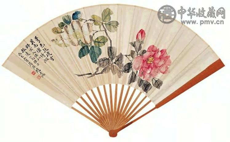赵士鸿 陈陶遗 花卉 书法 成扇 设色纸本