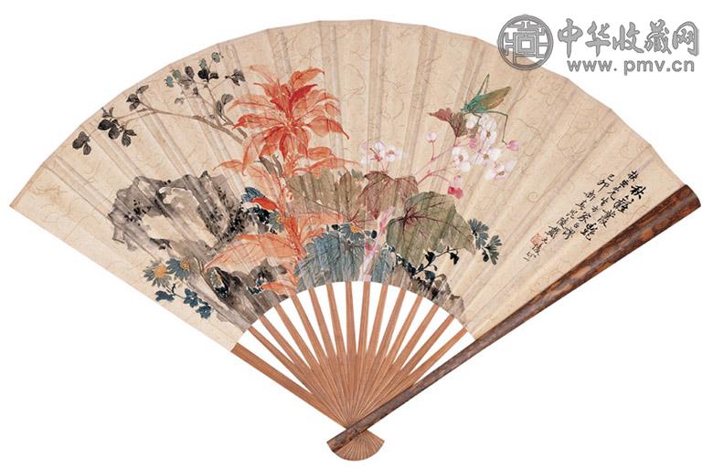 戴元俊 赵梅盦 1939年作 秋篱丛艳 金文 成扇 设色纸本