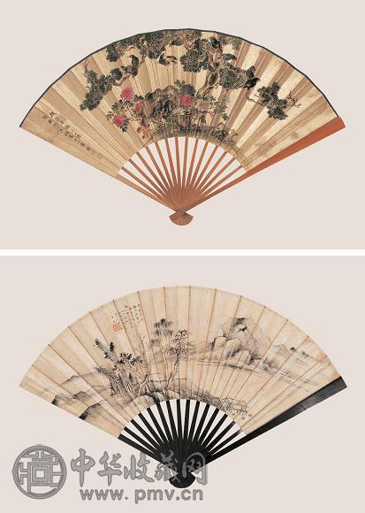 席璞 莫瑞清 胡石查等 1892年作 花鸟 山水 书法(2件) 成扇