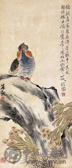 朱熊 锦鸡水仙图 立轴 设色纸本