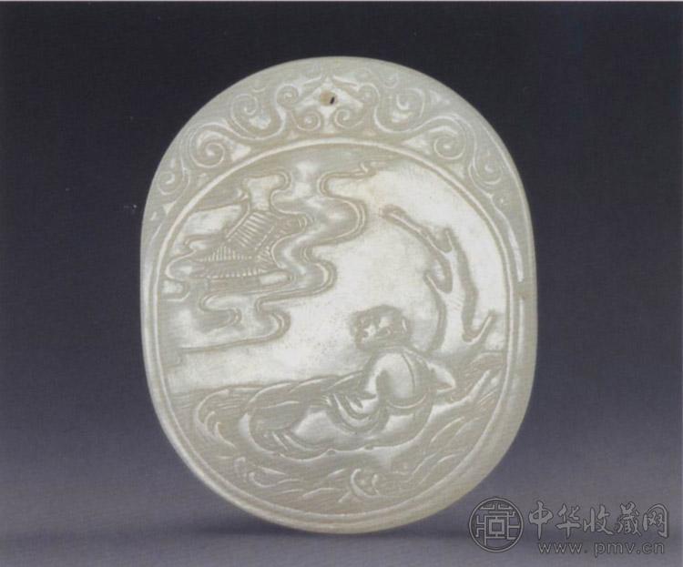 清中期 白玉刻张骞乘槎图牌