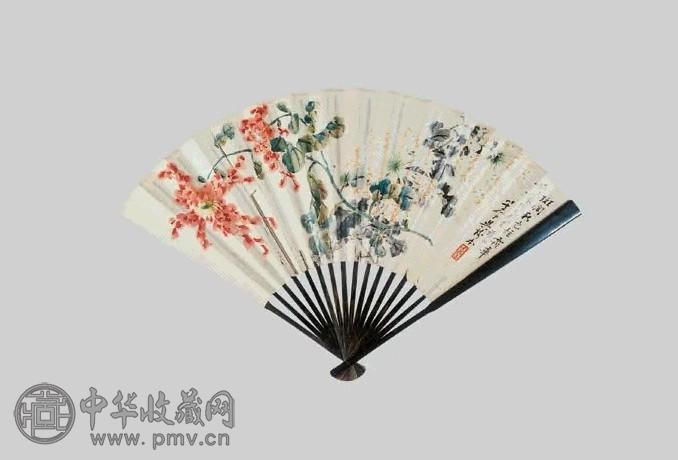 吴树本 花卉 书法 成扇 纸本