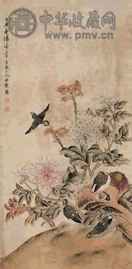 朱熊 1877年作 花鸟 立轴 纸本