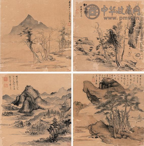 谢里甫 谢观生 汤雨生等 书法 册页(12开选4) 设色绢本
