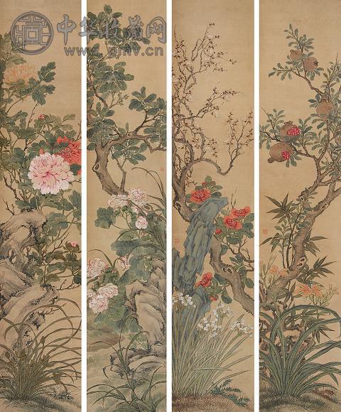 李墅 花卉 四屏 设色绢本