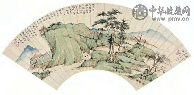 陈含光 辛巳(1941年)作 溪山秋树图 扇面 设色笺本