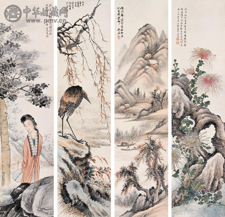 李秋君 李云绮 蒋也吉 1936年作 花鸟 人物 山水四屏 立轴 设色纸本