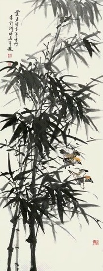 吴野洲 竹雀 立轴 设色纸本