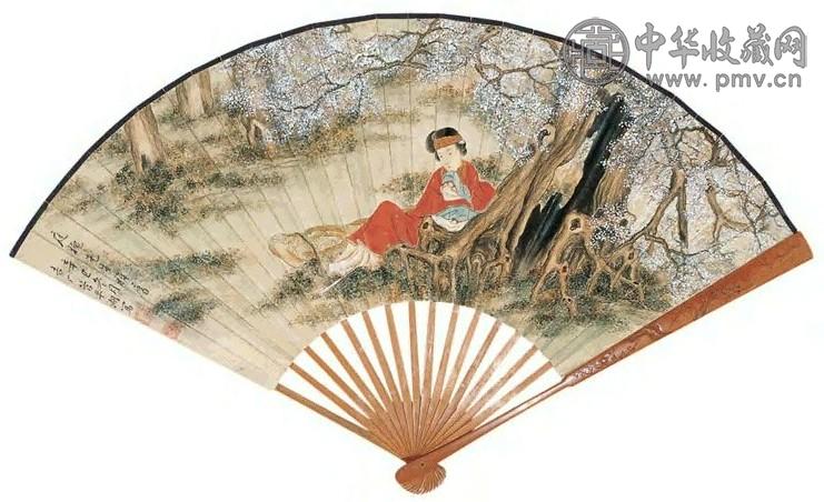 管平湖 醉卧花荫 成扇 设色纸本