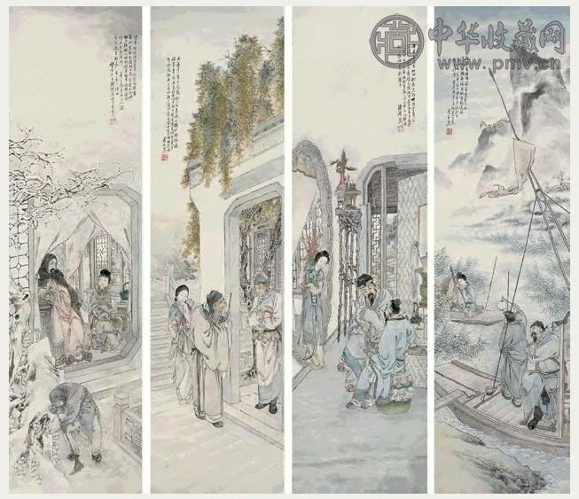 徐砚 1951年作 人物故事图 四屏 设色纸本