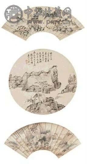 孙永等 山水图三挖轴 扇面 设色、水墨绢本、笺本