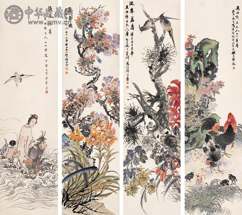 曹华 何煜 陆龙 倪田 1913年作 祝寿图 四屏 设色纸本