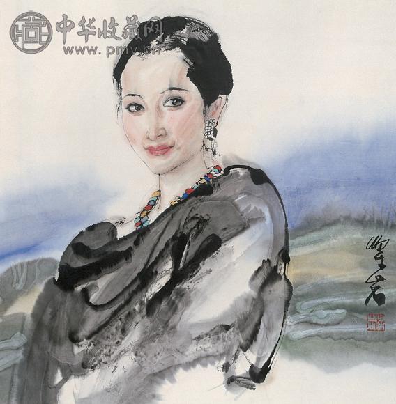 梁岩 少女 立轴 纸本
