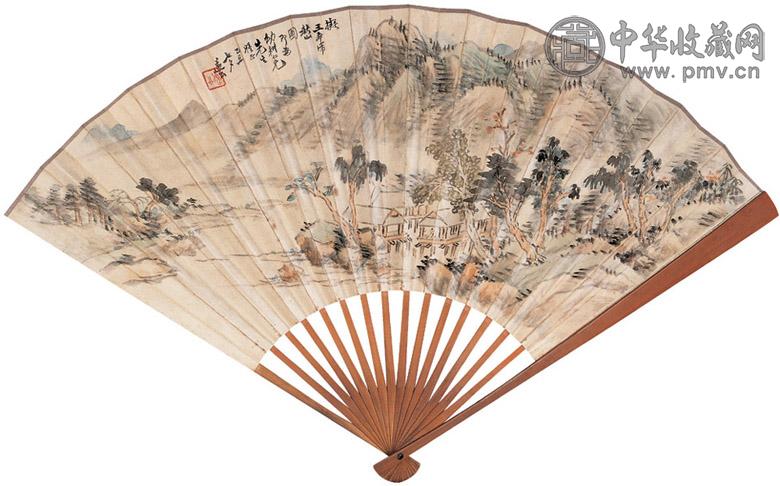 遂公 赵石 1925年作 山居图 行书 成扇 设色纸本
