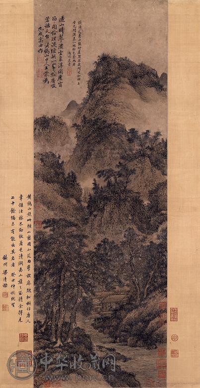 王蒙(传) 舫阁图 立轴 设色纸本