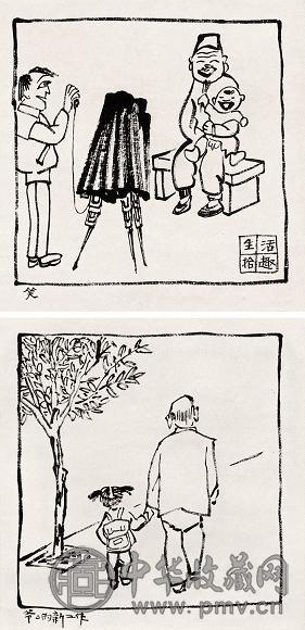 华君武 1993年作 漫画两则 立轴 水墨纸本