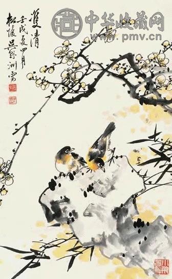 吴野洲 壬戌(1982年)作 双清 立轴 设色纸本