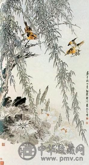 吴野洲 柳塘黄鹏 轴 纸本设色