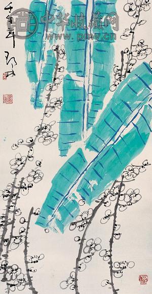 邓林 2002年作 蕉叶梅花 立轴 设色纸本