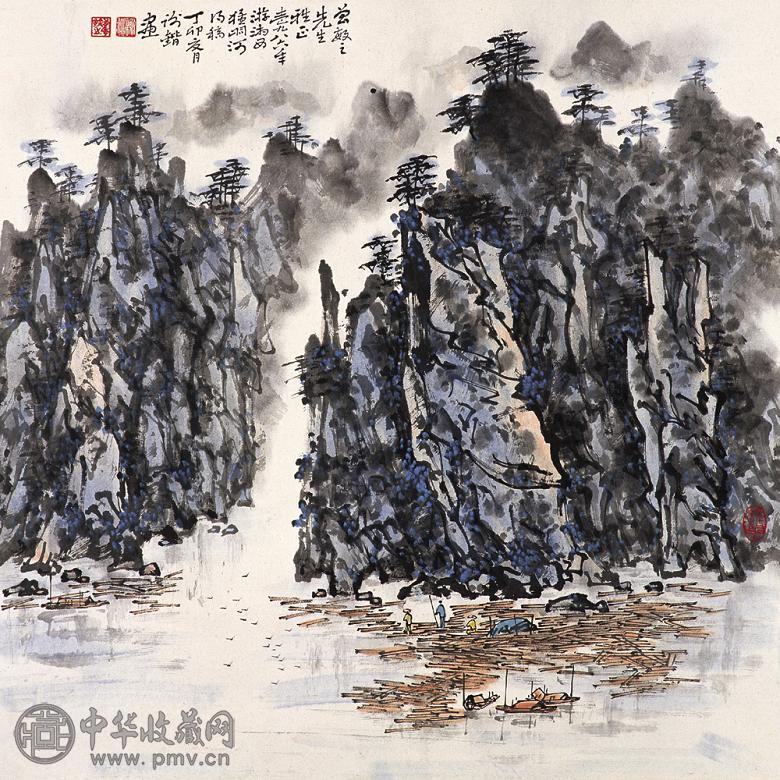 谢锴 丁卯(1987年)作 山水 立轴 设色纸本