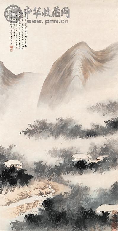 张大千 1974年作 仿米元晖烟云写意图 镜心 设色纸本