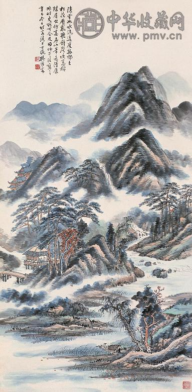 樊浩霖 辛巳(1941年)作 云如水流 远度孤村 立轴 纸本设色