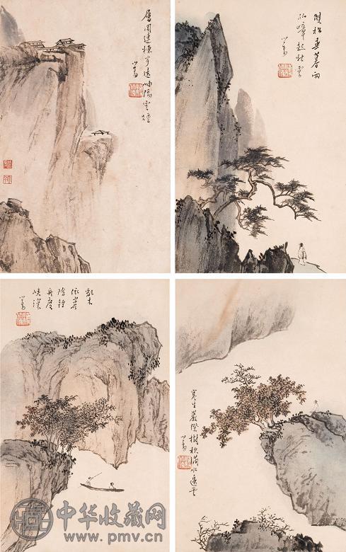 溥儒 张大千 1955年作 山水 册页(12开选4) 设色纸本