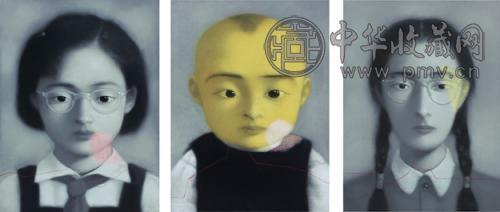 张晓刚 一九九七年作 血缘系列(3张1组) 油画画布 镜框