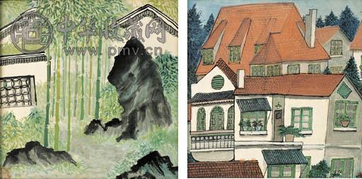 庞薰琹 1966年作 红瓦屋与庭园(2件) 彩墨 纸本