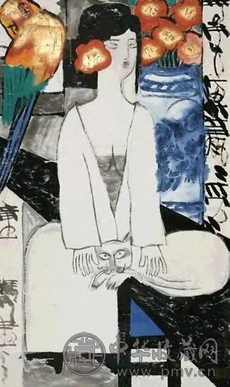 童振刚 少女与猫 镜心 设色纸本