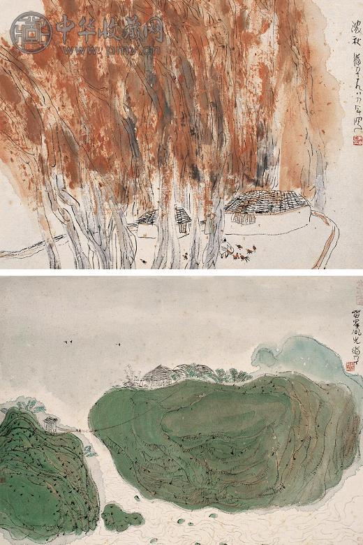 朱道平 苗寨风光之三 镜心(2开) 设色纸本