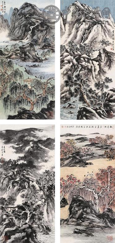 车鹏飞 四景山水 四屏 设色纸本