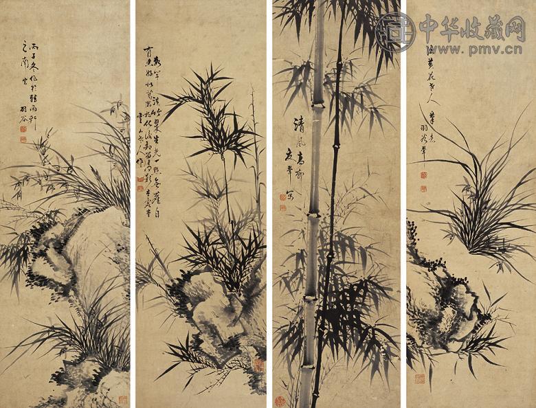 夏翚 兰竹 四屏 水墨纸本