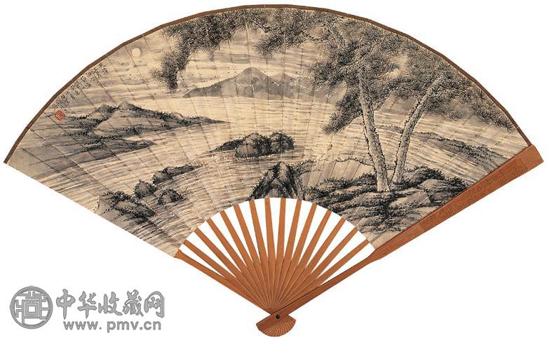 陶冷月 董开章 天清江月图 草书 成扇 设色纸本