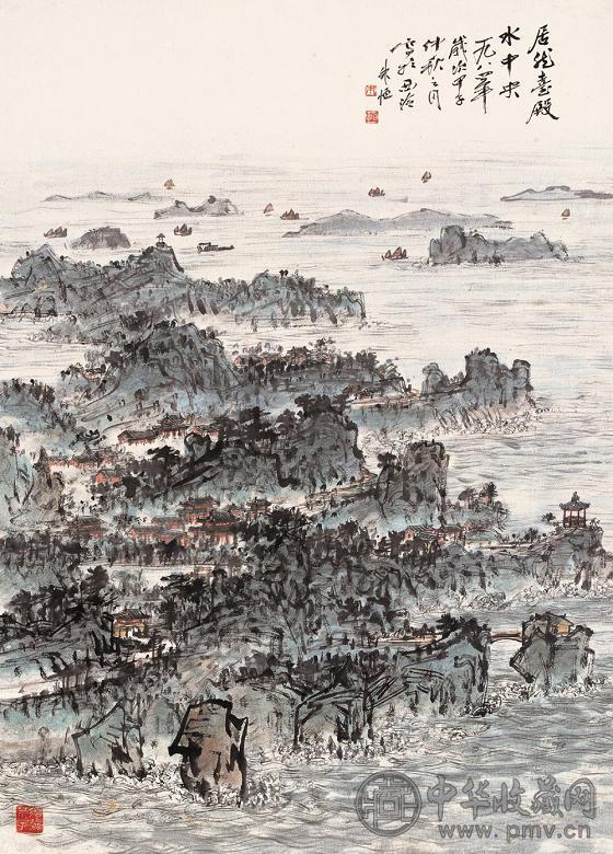 朱恒 居龙台殿水中央 镜心 设色纸本