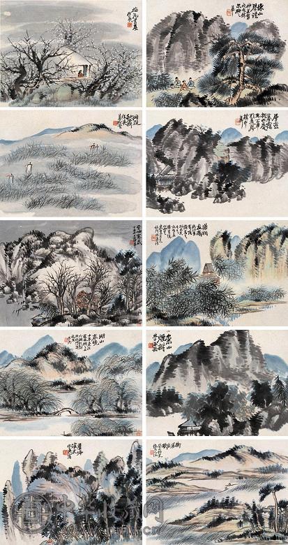 蒲作英 1877年作 山水册 册页(10开) 设色纸本