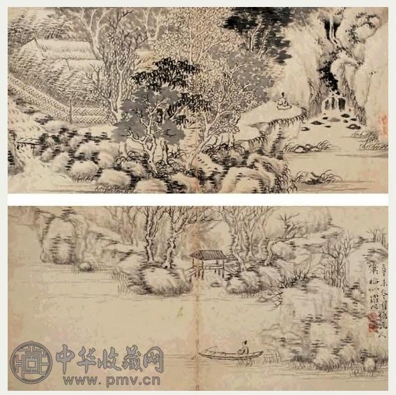 罗烜 辛未(1751年)作 山水 册页(12开选2) 水墨纸本