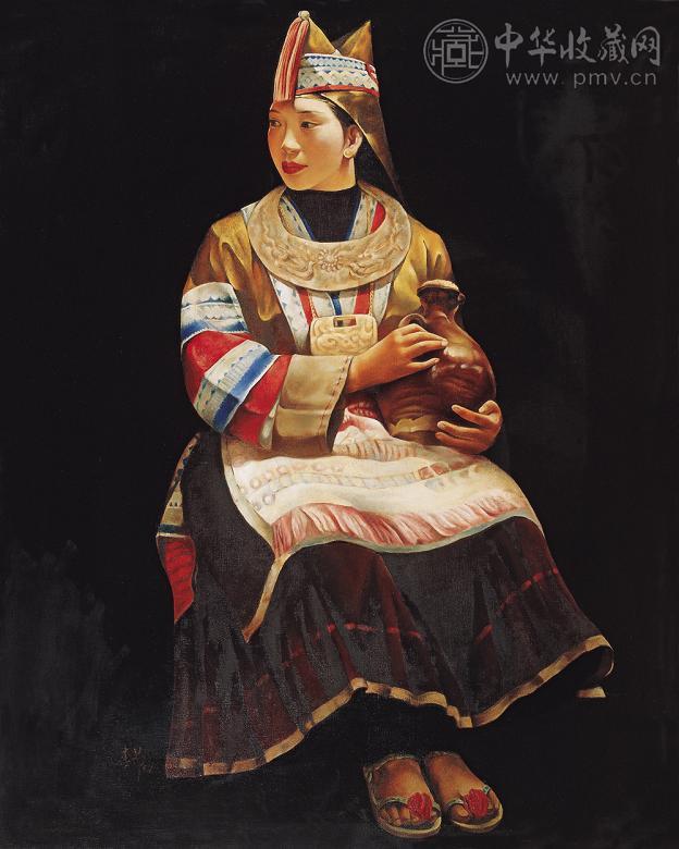 李昂 抱酒罐的苗女 布面油画