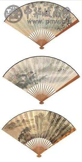 徐绍青 停琴拨阮图、《琵琶行》诗意图、九江秀色图 成扇 设色纸本、设色洒金笺