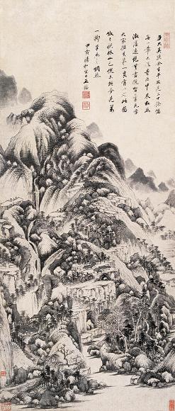 王鉴 1674年作 仿黄公望秋林山色 立轴 水墨纸本